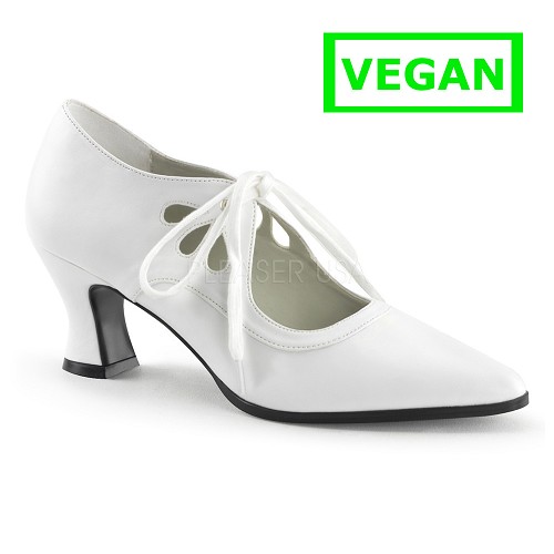 Victorian-03 Vintage Rockabilly pump met lage hak en schoenveters wit mat