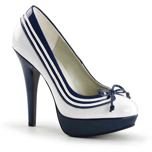 Lolita-13 Vintage Rockabilly Sailor pump met strikje glanzend wit/donker blauw