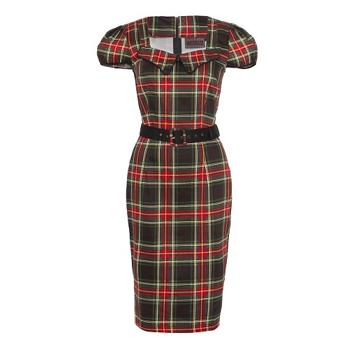 Daphne schotse ruit tartan pencil jurk zwart/rood - Rockabilly Vintage Retro