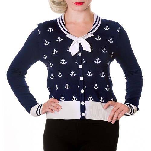 Sailor matrozen cardigan met anker patroon blauw/wit - Vintage Rockabilly retro