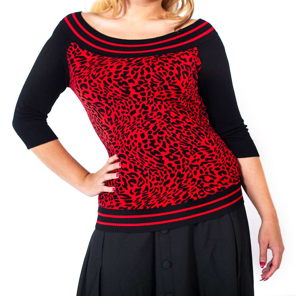 Panter print trui top met brede hals zwa Panter print trui top met brede hals zwa